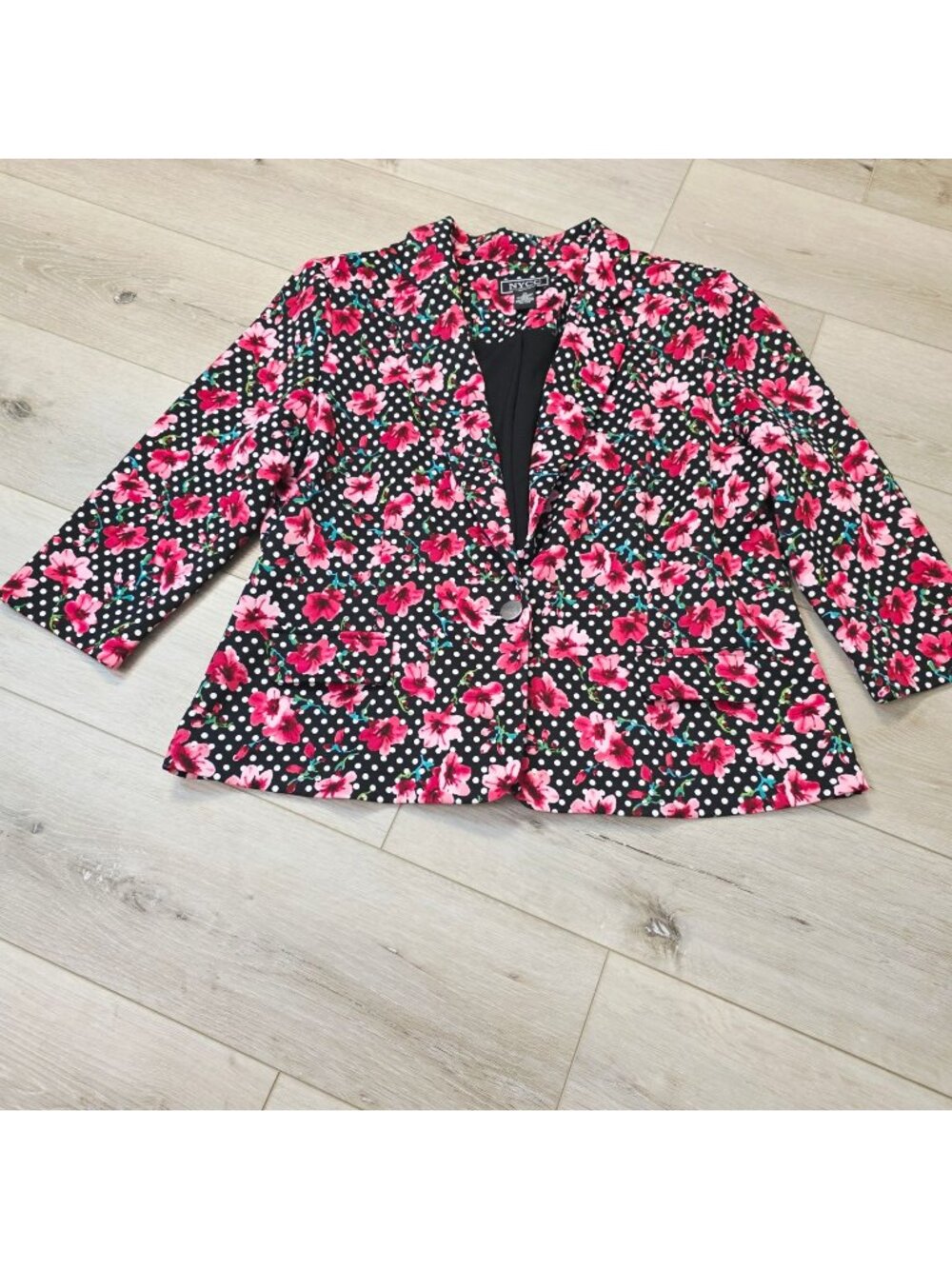 NYCC Pink Floral Polka Dot Sz XL Quirky Maximalism Single Breasted Blazer Jacket